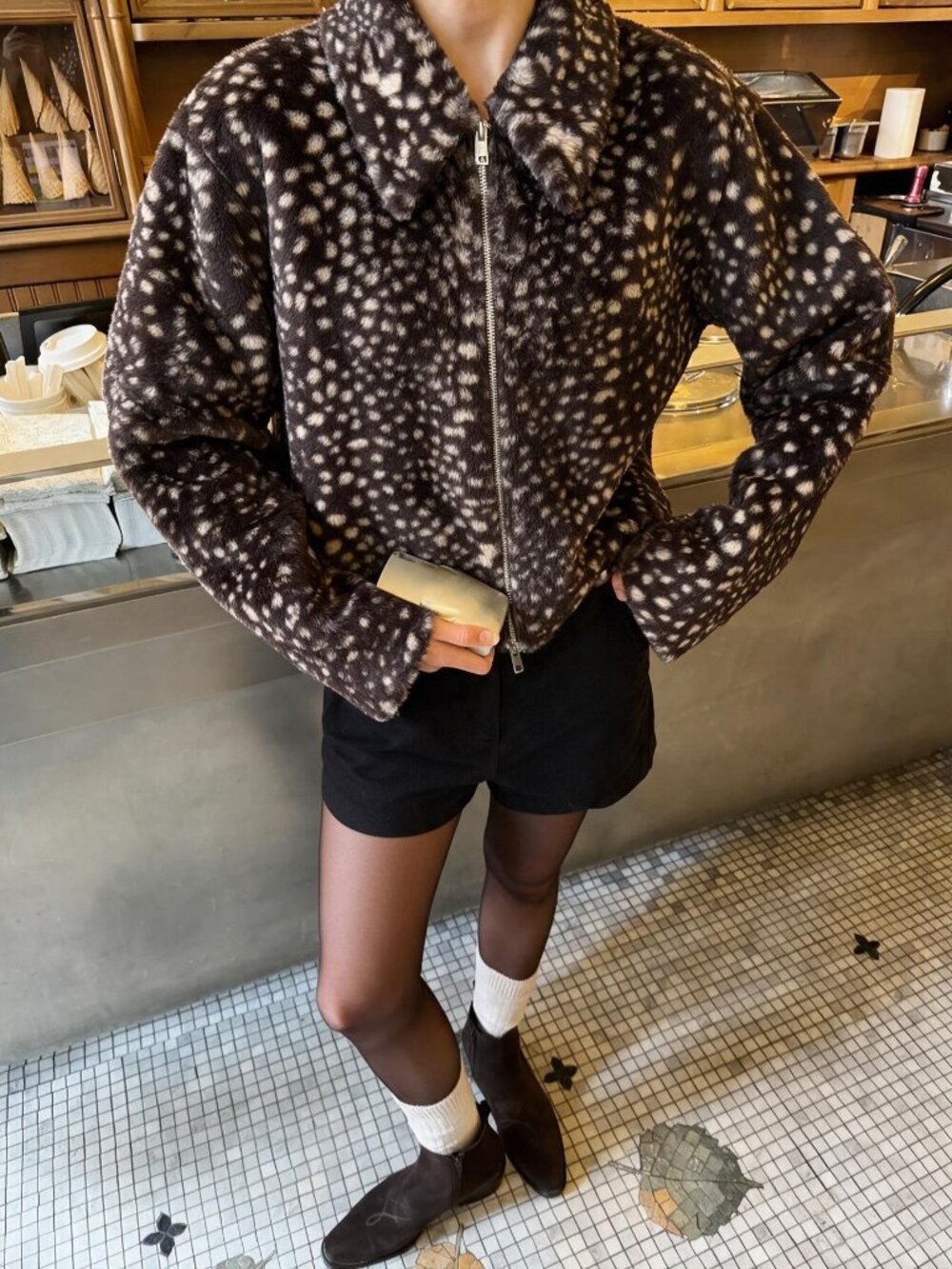 Chocolate Brown Casual Women's Streetwear Traveling Cow Print Faux Fur Jacket - Picture 3 of 5